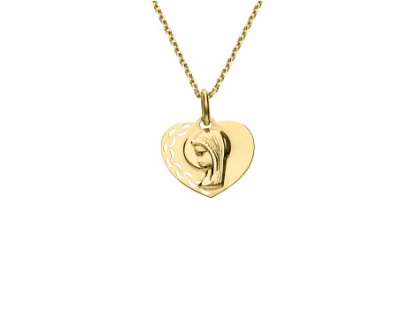 Złoty medalik próby 0,585 w kształcie serca z wizerunkiem Maryi