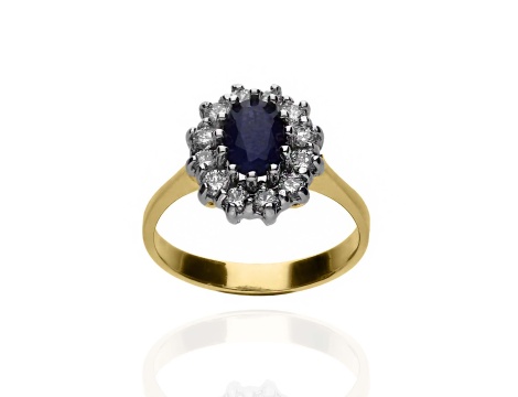 Złoty pierścionek próby 0,585 z szafirem 0,76 ct i brylantami 0,36 ct