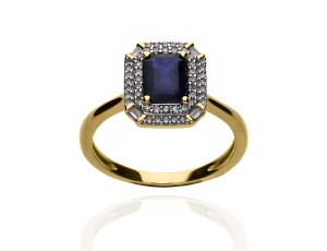 Złoty pierścionek próby 0,585 z szafirem 1,04ct i diamentami 0,18ct
