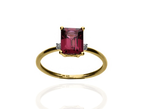 Złoty pierścionek próby 0,585 z rodolitem 1,08ct i brylantami 0,03ct