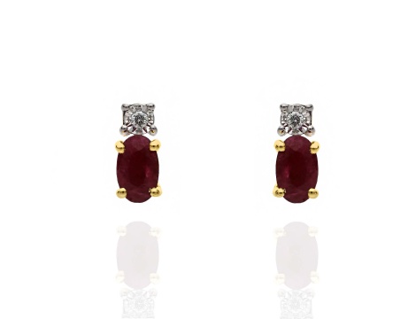 Złote kolczyki wkrętki próby 0,585 z rubinami 0,58 ct i brylantami 0,02 ct
