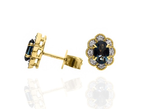 Złote kolczyki wkrętki próby 0,585 z London Blue Topaz 1,07 ct i brylantami 0,16 ct - 2