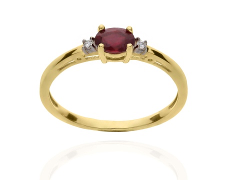 Złoty pierścionek zaręczynowy/ rocznicowy próby 0,585 z rubinem 0,63 ct i brylantami 0,03 ct