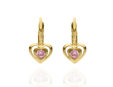 Złote kolczyki dziecięce próby 0,585 serca z różowymi cyrkoniami na angielskim zapięciu
