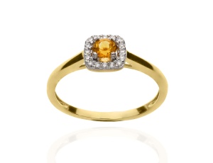 Złoty pierścionek próby 0,585 z cytrynem 0,16 ct i brylantami 0,08 ct