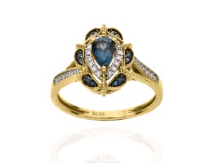 Złoty pierścionek próby 0,585 z London Blue Topaz 0,47 ct i diamentami 0,19 ct