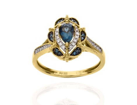 Złoty pierścionek próby 0,585 z London Blue Topaz 0,47 ct i diamentami 0,19 ct