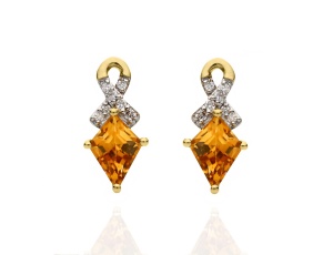 Złote kolczyki wkrętki próby 0,585 z cytrynem 1,2 ct i  brylantami 0,06 ct