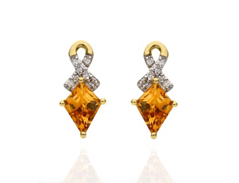 Złote kolczyki wkrętki próby 0,585 z cytrynem 1,2 ct i  brylantami 0,06 ct