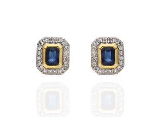 Złote kolczyki wkrętki próby 0,585 z szafirami 0,59 ct i diamentami 0,16 ct