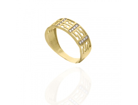 Złoty pierścionek próby 0,585 ze wzorem greckim i cyrkoniami - 2
